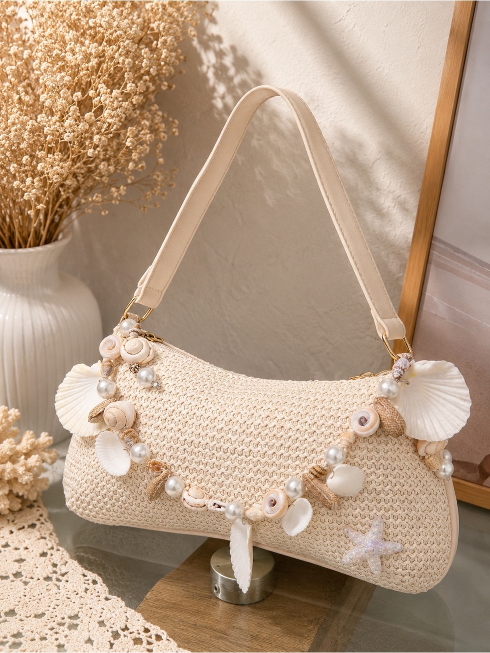 Seashell Charm Straw Inspired Clutch Shoulder Bag - Cream